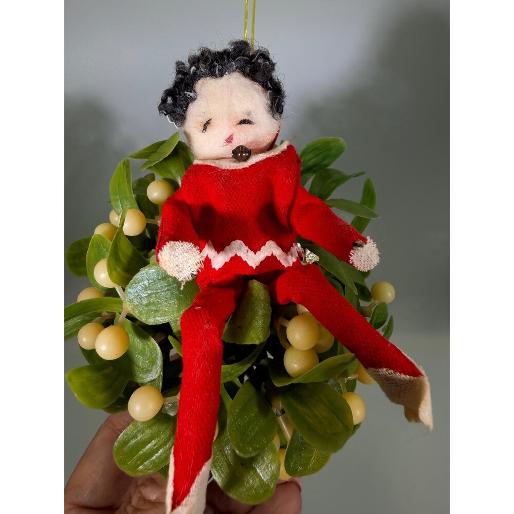 Vintage Elf on Mistletoe Kissing Ball Christmas Ornament Holiday Decor Kitschy